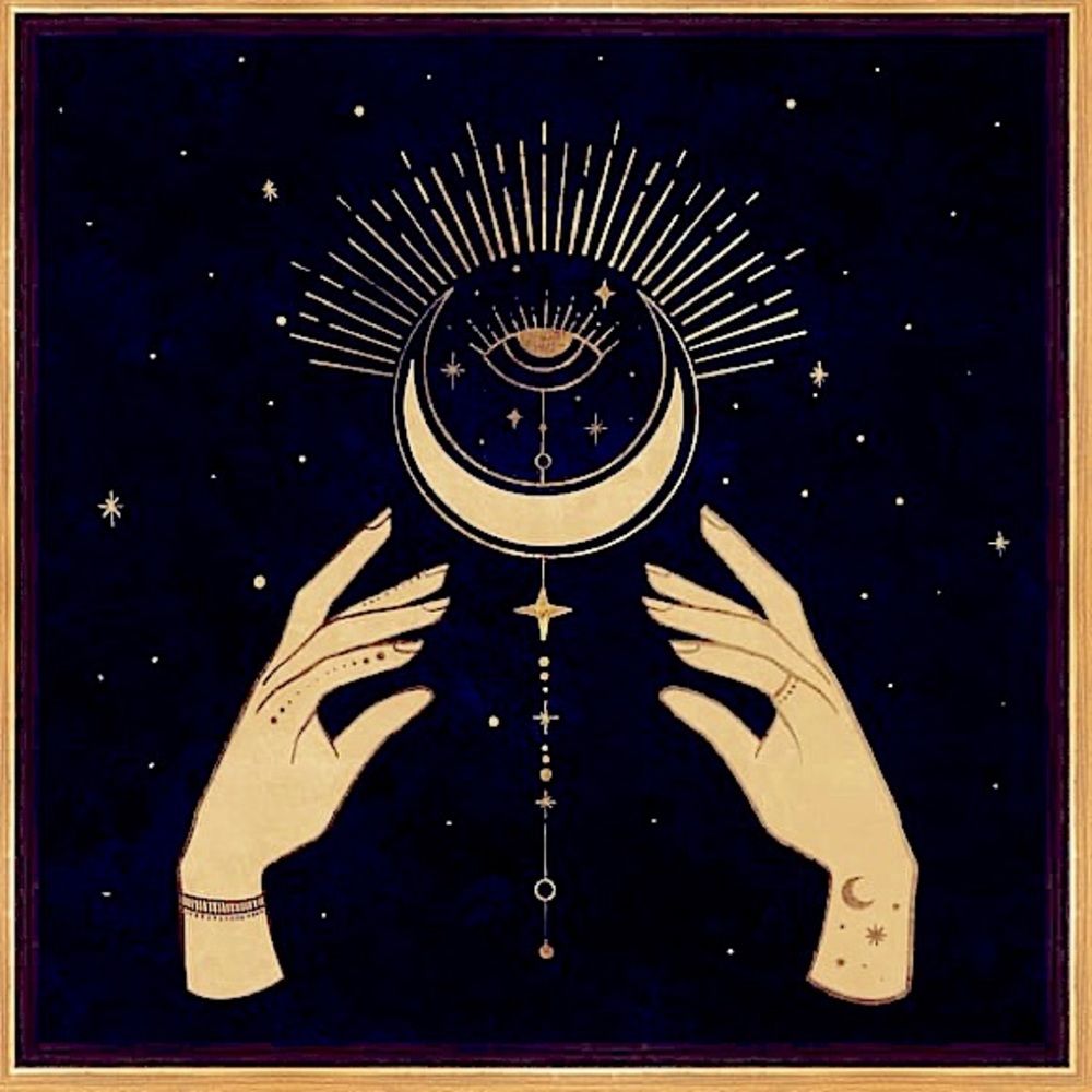 Celestial Hands 1, Boho Mystical Eye Bohemian Gold Canvas Wall Art By Oliver Gal